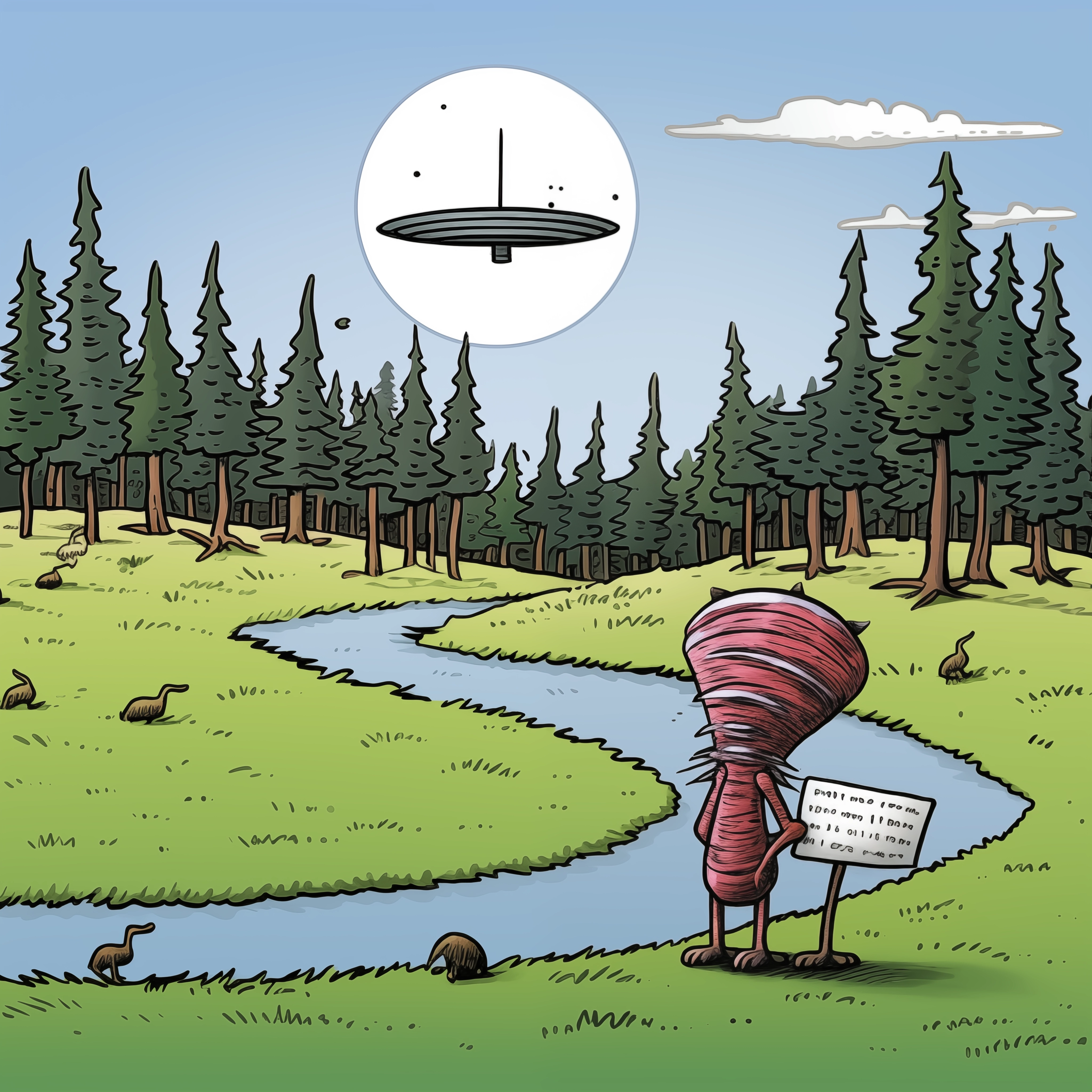 Cartoon of a bunny standing in a forest pointing at a placard with some unreadable text. The image was generated by Midjourney.